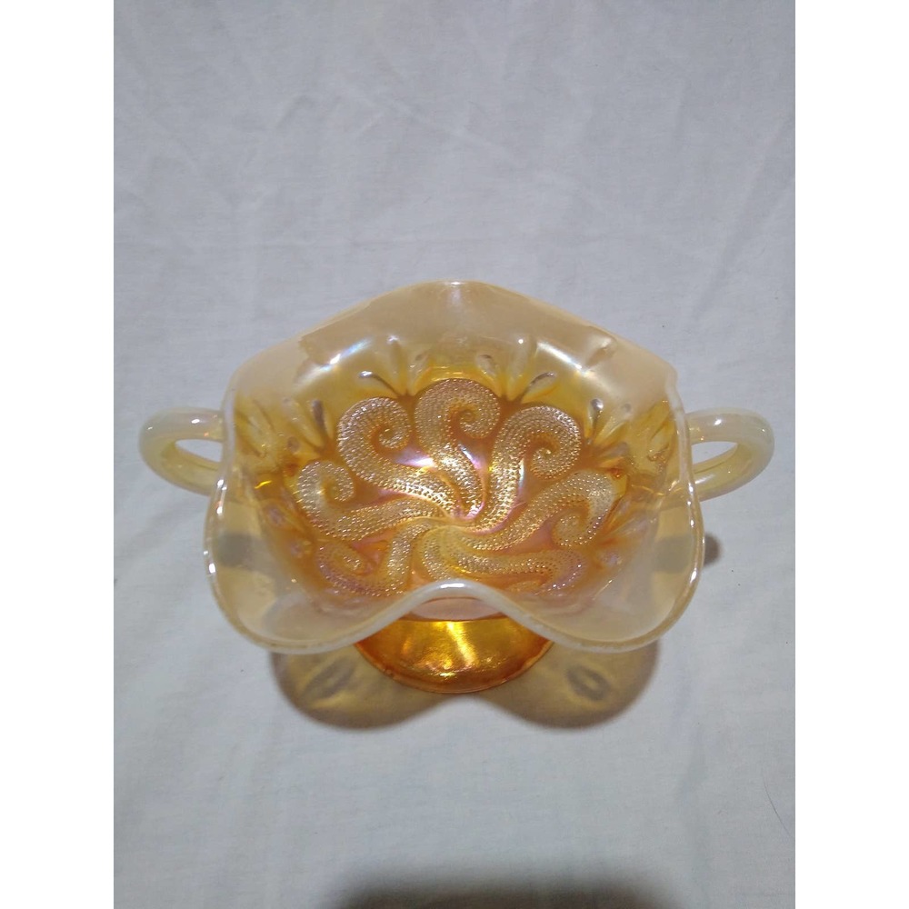 Dugan peach marigold question mark carnival glass footed bon bon with handles